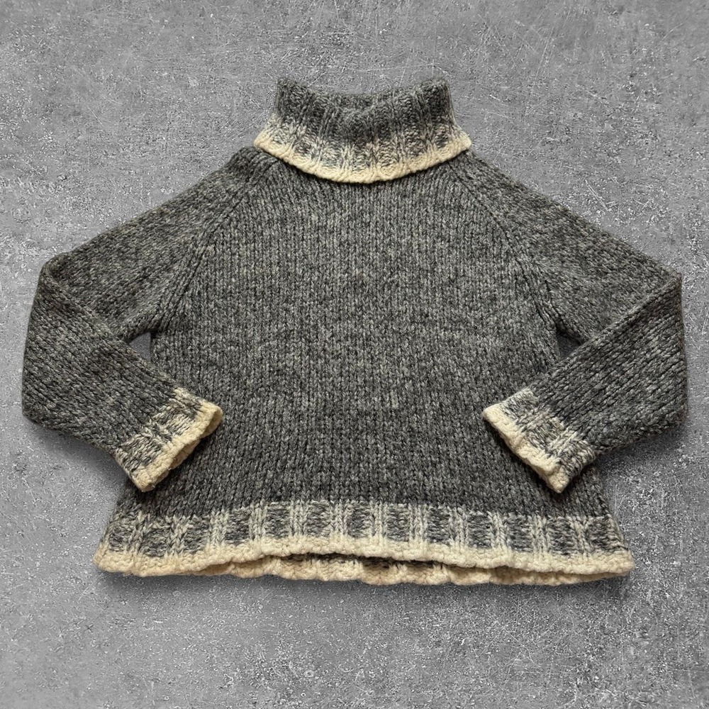 Vintage Faded Glory Womens Gray Wool Blend Turtleneck Sweater Cream Trim Large